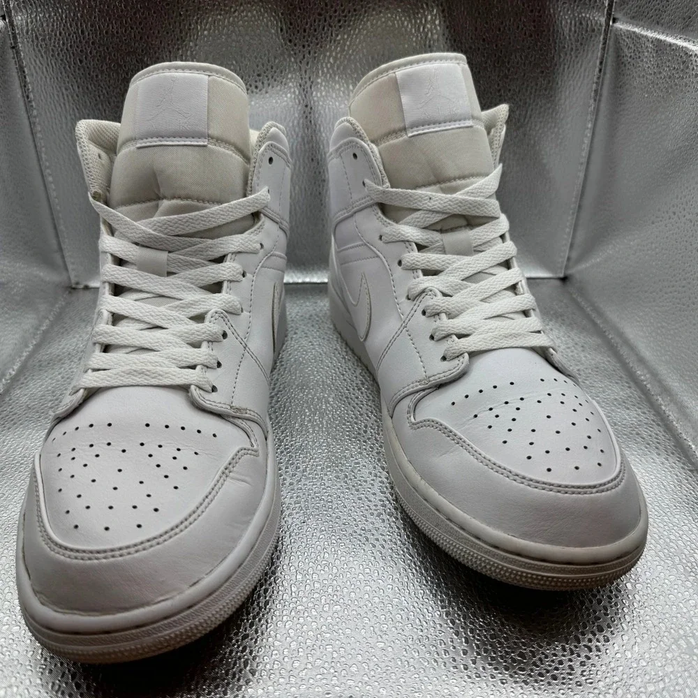 Size 12 - Nike Air Jordan 1 Mid White Leather Basketball Sneakers‎ 554724-136